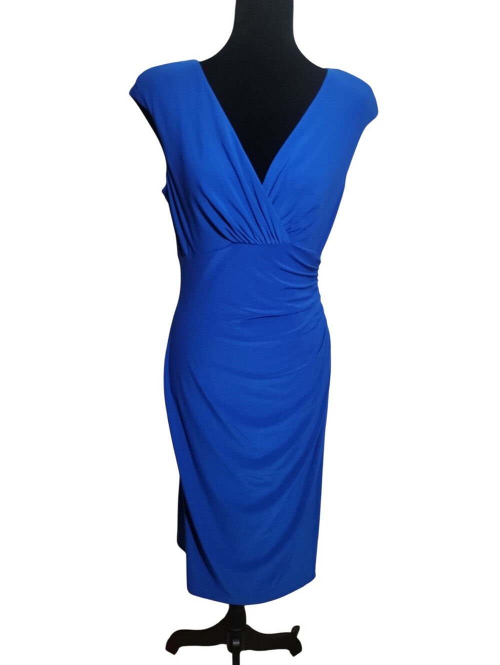 Laruen Ralph Lauren blue ruched faux wrap surplice v neck dress women's size 8